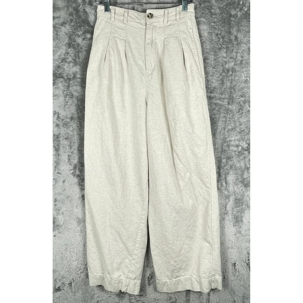 Free People Wide Leg Pants Womens 4 Beige Pleated Linen Blend‎ Twill Staple